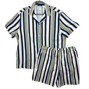 Shein Mens Size XL Shirt & Shorts Short Sleeve Navy,White, Green , Yellow Stripe